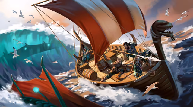 Painted key art of a small Viking ship with a striped red sail heeling in a storm; inside a towering teal wave behind it the dark shape of a sea serpent shows two glowing eyes, a red fin with a glowing tip breaks the surface in the foreground, and a bearded Viking on deck lifts a barbed harpoon while another crew member falls back.