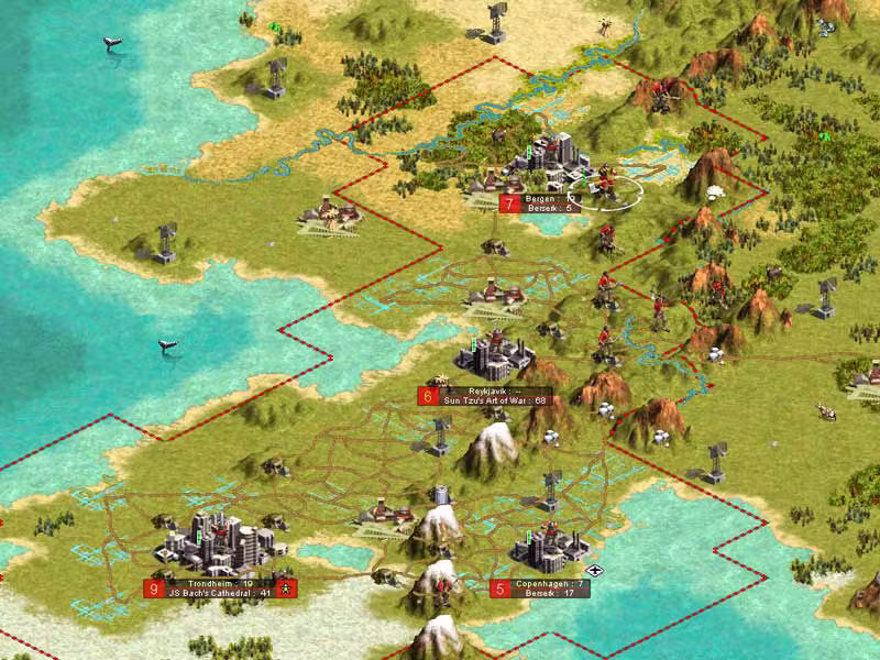 Isometric map of a green coast with whales offshore and cities labeled Bergen, Berserk 5; Reykjavik, Sun Tzu's Art of War 68; Trondheim, JS Bach's Cathedral 41; Copenhagen, Berserk 17; a red dotted border runs through the hills.