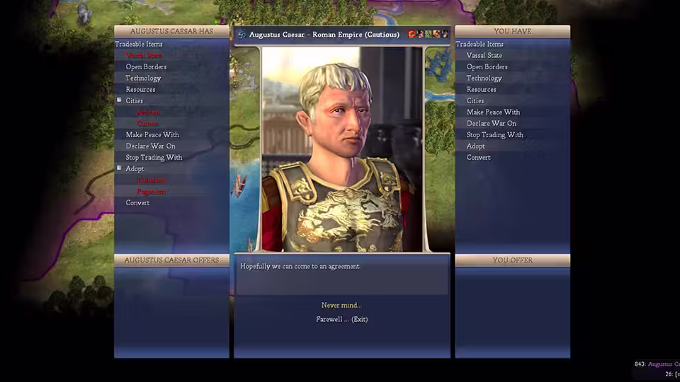 Game window with a portrait of a Roman leader in a gold breastplate at the center, titled Augustus Caesar, Roman Empire, and two columns of trade options such as Open Borders, Technology and Resources.