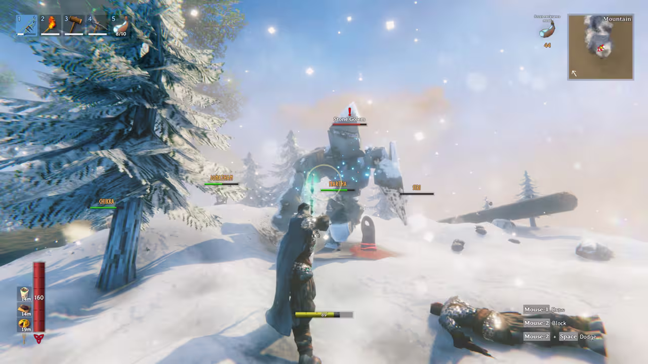 A Viking with a bow faces a large crystal-studded Stone Golem among snowy pines while the names of other players float nearby and a fallen player lies in the snow.