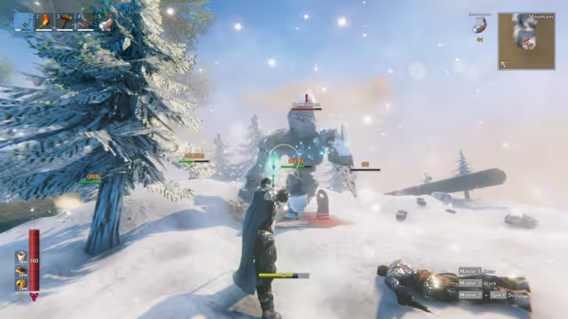 A Viking with a bow faces a large crystal-studded Stone Golem among snowy pines while the names of other players float nearby and a fallen player lies in the snow.