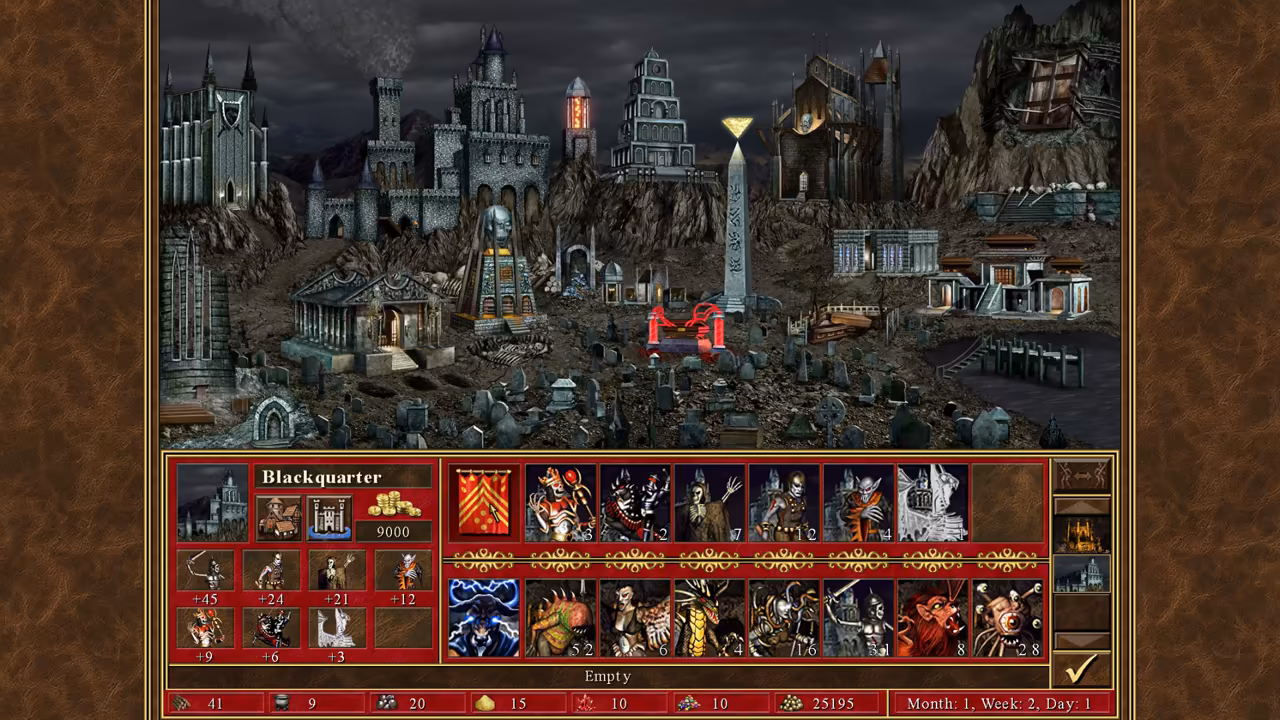 A gloomy town of black and gray towers, tombs and gates under a dark cloudy sky, with green and red lights and a glowing obelisk. Below is a red panel titled Blackquarter with creature portraits, gold 9000 and a row of undead creatures.