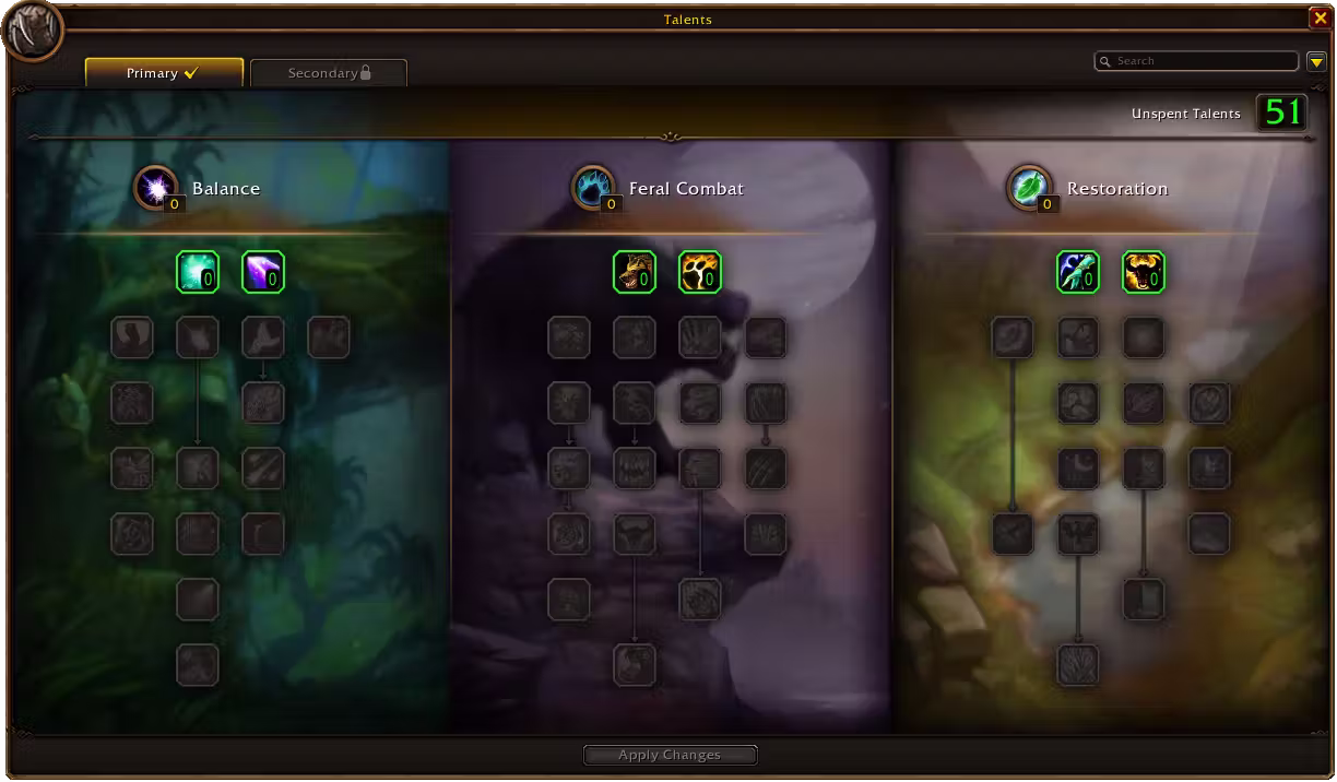 A Talents window with a Primary tab and a locked Secondary tab, and a counter reading Unspent Talents 51. Three columns of square talent icons sit on painted backgrounds: Balance over a teal jungle, Feral Combat over a prowling beast under a purple moon and Restoration over sunlit green ruins, with the first row of each tree lit in green and the rest grayed out above an Apply Changes button.