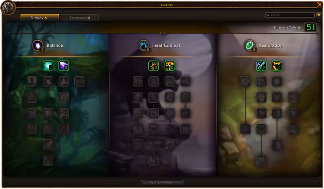 A Talents window with a Primary tab and a locked Secondary tab, and a counter reading Unspent Talents 51. Three columns of square talent icons sit on painted backgrounds: Balance over a teal jungle, Feral Combat over a prowling beast under a purple moon and Restoration over sunlit green ruins, with the first row of each tree lit in green and the rest grayed out above an Apply Changes button.