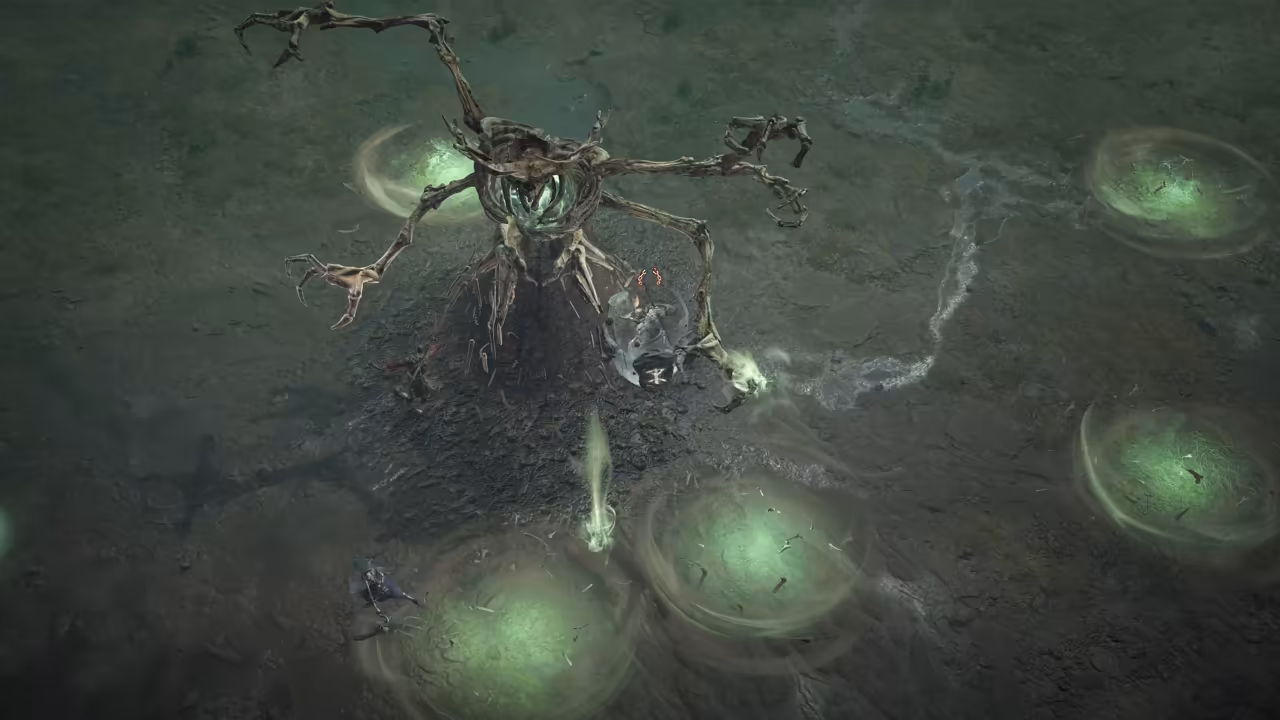 Top-down view of a dark, muddy field. A towering creature of twisted wood with four spindly clawed arms and a green glow in its chest stands among several circles of green light; one tiny figure stands at the bottom left.