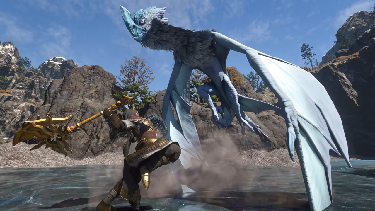 Shallow, glassy water in a valley of brown rock and pines under a blue sky. At left, a figure in dark and gold armor stands with a large ornate golden staff shaped like a sun. Over them looms a towering creature with pale blue skin, a mane of gray feathers, a hooked beak and broad membranous wings. No game interface is shown.