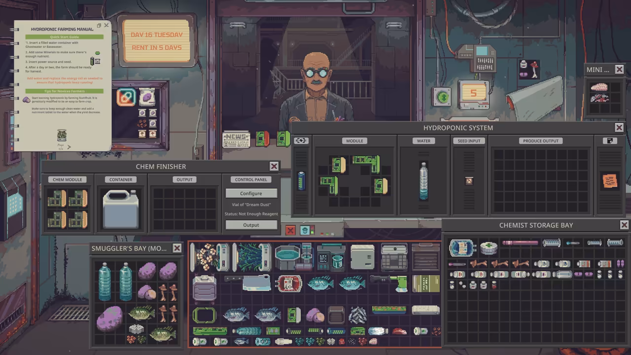 Machine windows with green modules, a row of injectors and vials, and a bald customer in goggles behind them.
