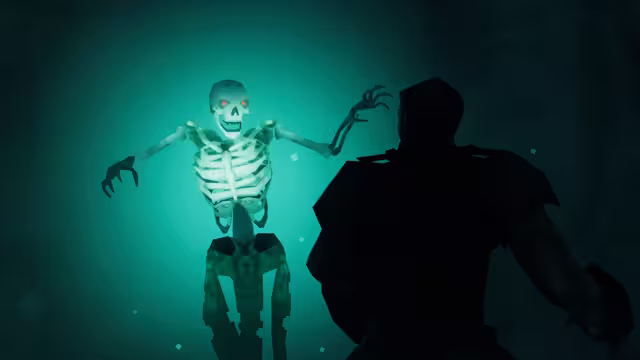 A translucent, glowing teal skeleton with outstretched arms hovers in darkness in front of a Viking seen from behind.