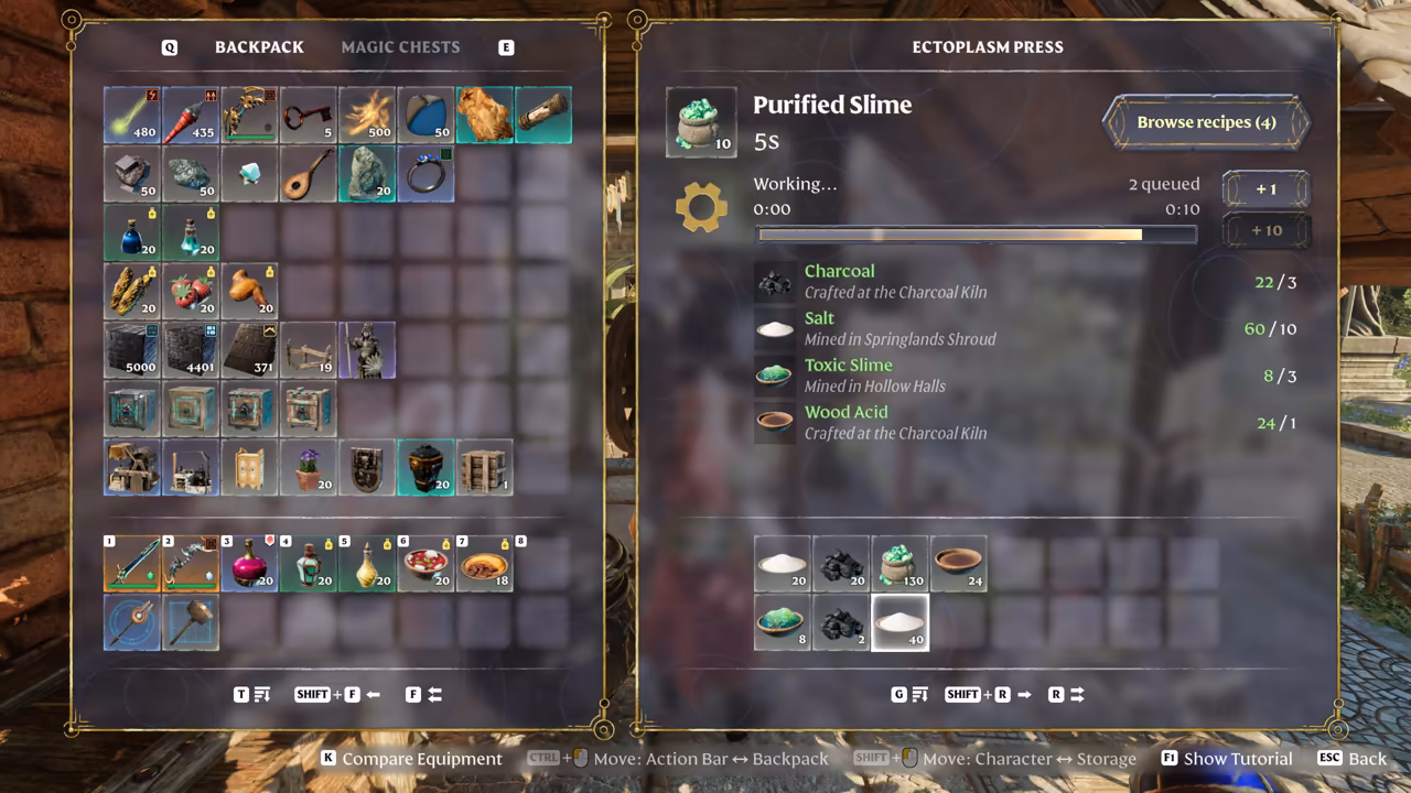 Two parchment-framed menus over a blurred base. The left, Backpack, shows a grid of items with stack counts and an action bar of weapons, potions and food. The right, Ectoplasm Press, shows the recipe Purified Slime, 5 s, with a progress bar reading Working and 2 queued, and its ingredients: Charcoal, crafted at the Charcoal Kiln; Salt, mined in Springlands Shroud; Toxic Slime, mined in Hollow Halls; and Wood Acid, crafted at the Charcoal Kiln.