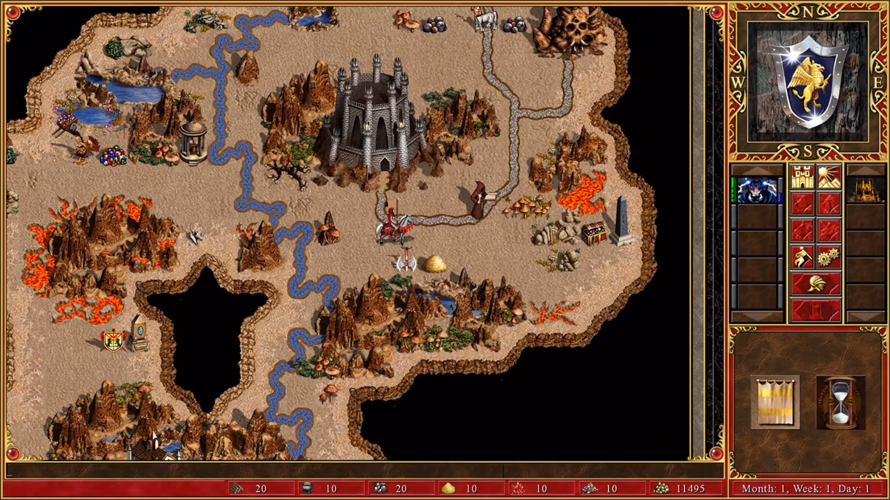 A sandy brown landscape with rivers and roads, an irregular black area where the map ends, a gray spired town in the middle, rocky outcrops with orange lava, and a small mounted hero on a road. The side panel shows a blue shield with a golden griffin and buttons for ending the turn.