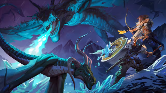 Painted key art in blues and purples: a huge pale dragon breathes a blast of frost from above, a dark green horned serpentine dragon rears at the bottom left, winged silhouettes fly in the snowy sky, and two Vikings stand on an icy ledge, one drawing a bow with a flaming arrow and one raising a round shield covered in ice shards.