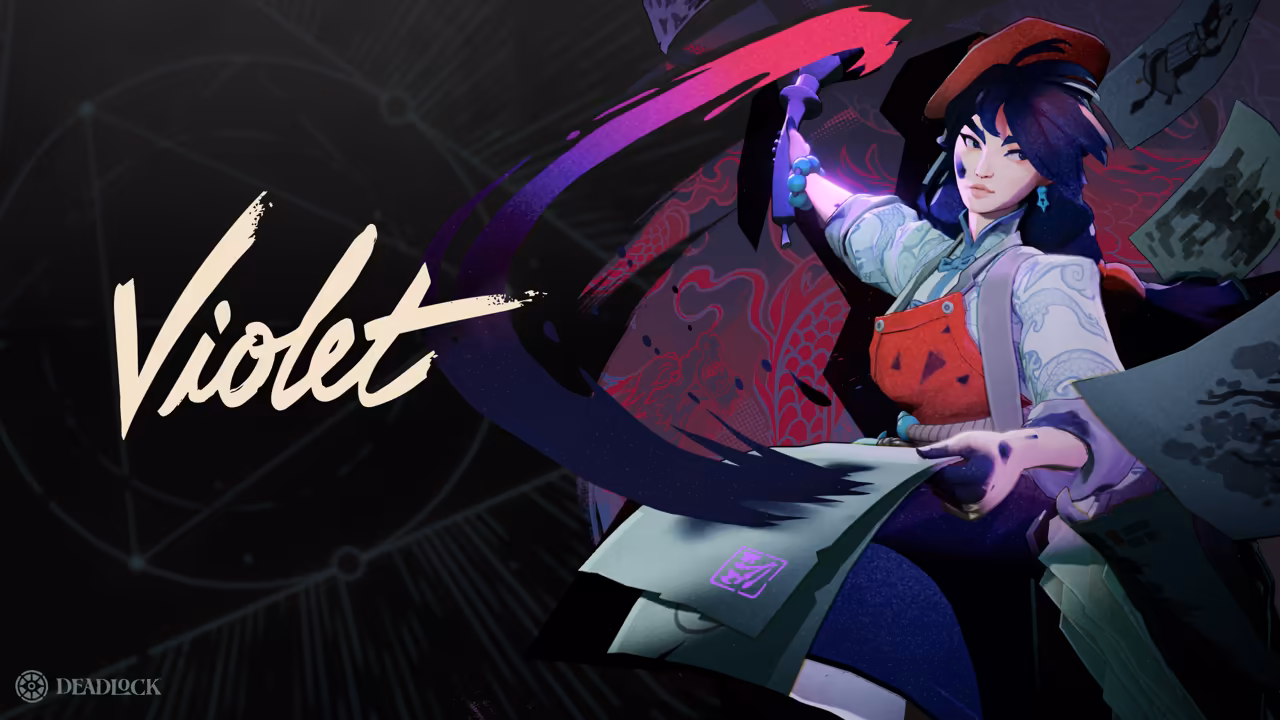 Painted young woman with long dark hair and a beret, wearing a red apron over a white shirt, sweeping a brush that leaves a wide purple streak, papers flying, beside the word Violet.