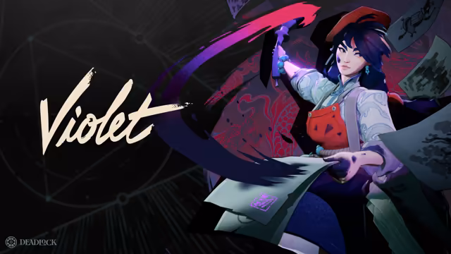 Painted young woman with long dark hair and a beret, wearing a red apron over a white shirt, sweeping a brush that leaves a wide purple streak, papers flying, beside the word Violet.