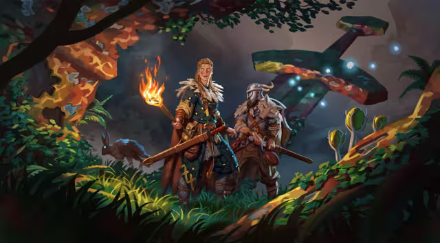 Painted key art of two Vikings, one holding a flaming torch, walking through dense, colorful foliage with small glowing blue lights and a hare at their feet.