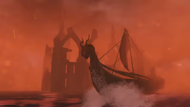 A dragon-prowed longship with a furled sail cuts through the water past tall ruined stone arches under an orange, smoky sky.