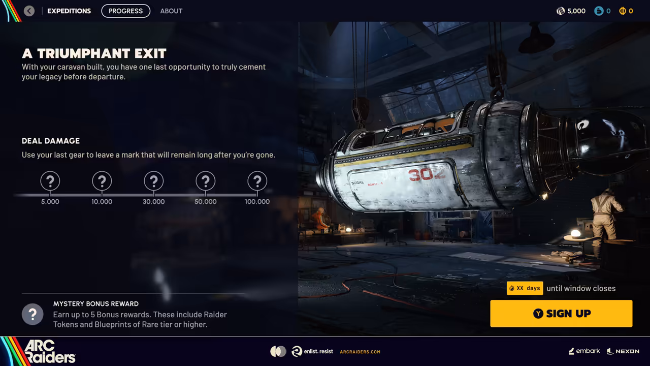 A game menu with five question-mark nodes at 5,000 to 100,000 damage, a Sign Up button and a large cylindrical vehicle at right.