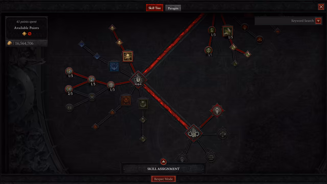 A dark game menu with Skill Tree and Paragon tabs. Lines of nodes with small rank numbers branch from two diamond-shaped hubs joined by a thick red line; '41 points spent' and a gold total show at top left.