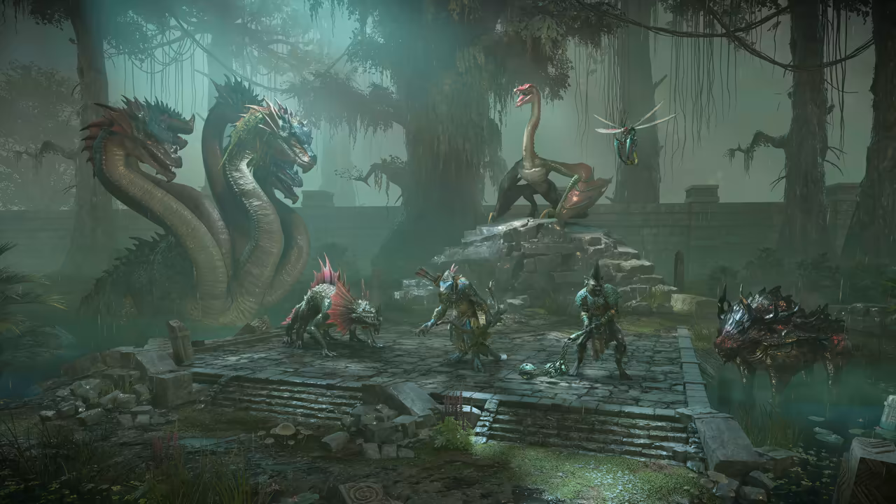 A green, misty 3D swamp with huge trees. On stone ruins stand a hydra with several heads, a long-necked wyvern, a giant dragonfly, a spiny lizard, two lizard-men warriors and a dark armored beast.