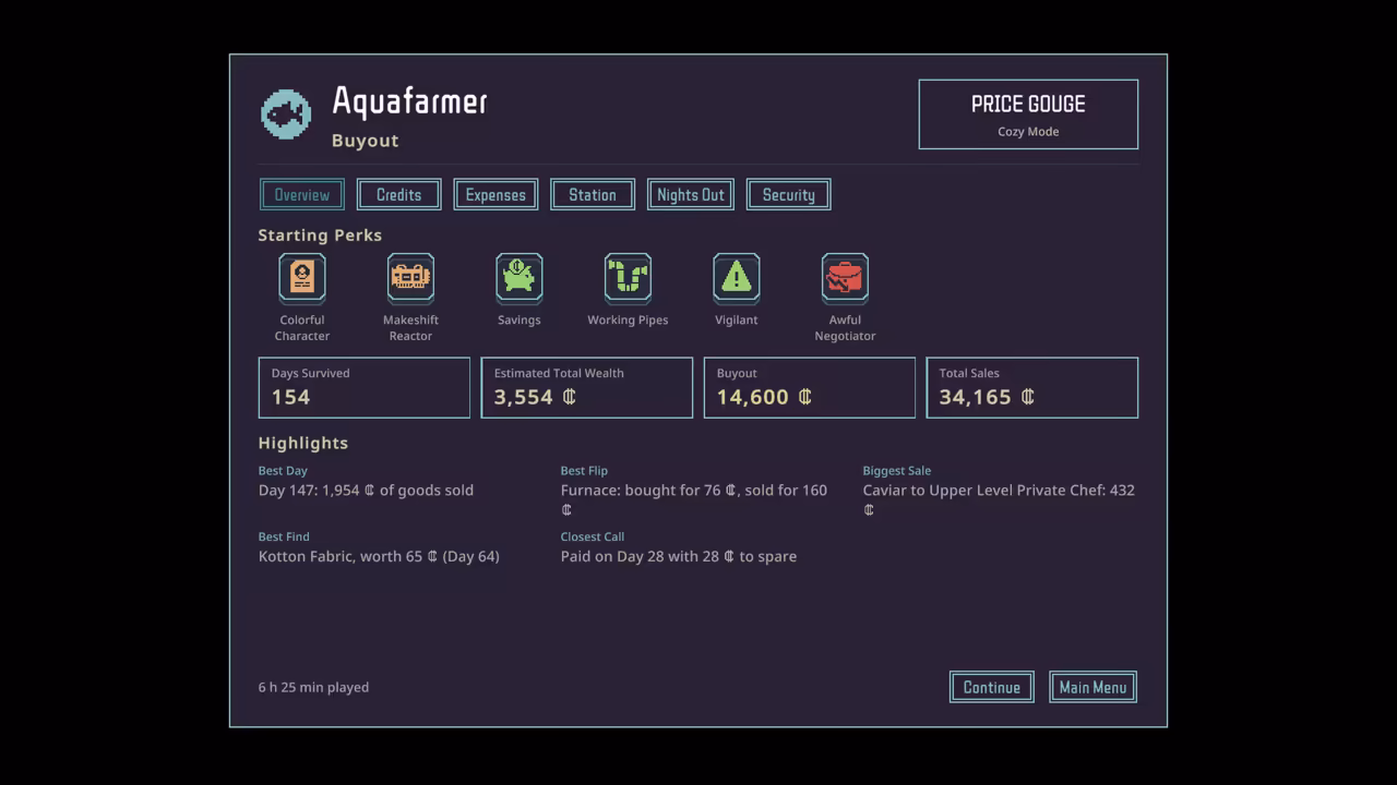 A results panel with starting perks, four stat boxes and highlights such as best day and closest call.