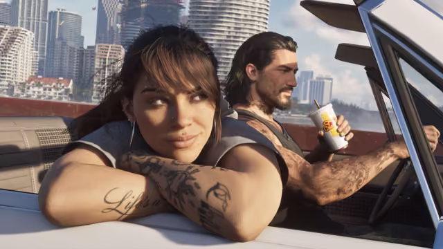 A woman with a fringe, hoop earrings and tattooed forearms, one reading Life's a, rests her arms on the door of a white convertible and smiles, while a bearded man with long hair drives holding a paper cup with a straw, towers and palm trees behind them.