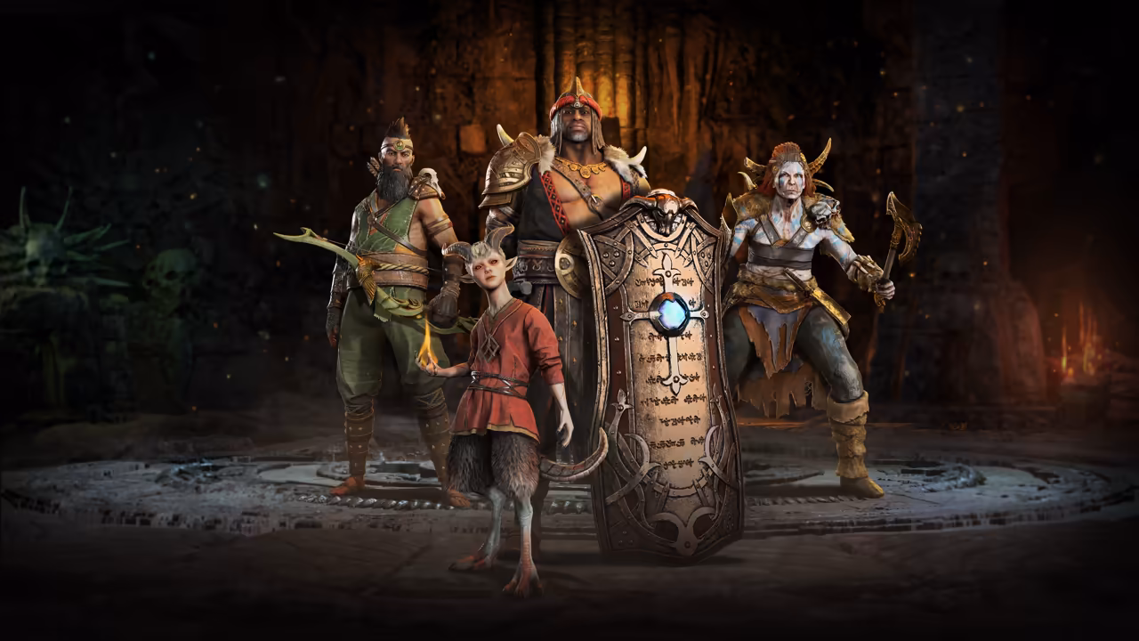 Four characters stand together on a round stone floor: left, a bearded man in green with a bow; center back, a tall bearded warrior in a horned helm behind a huge carved shield; front, a small horned child with goat legs holding a flame; right, a white-haired woman in hide armor with an axe.