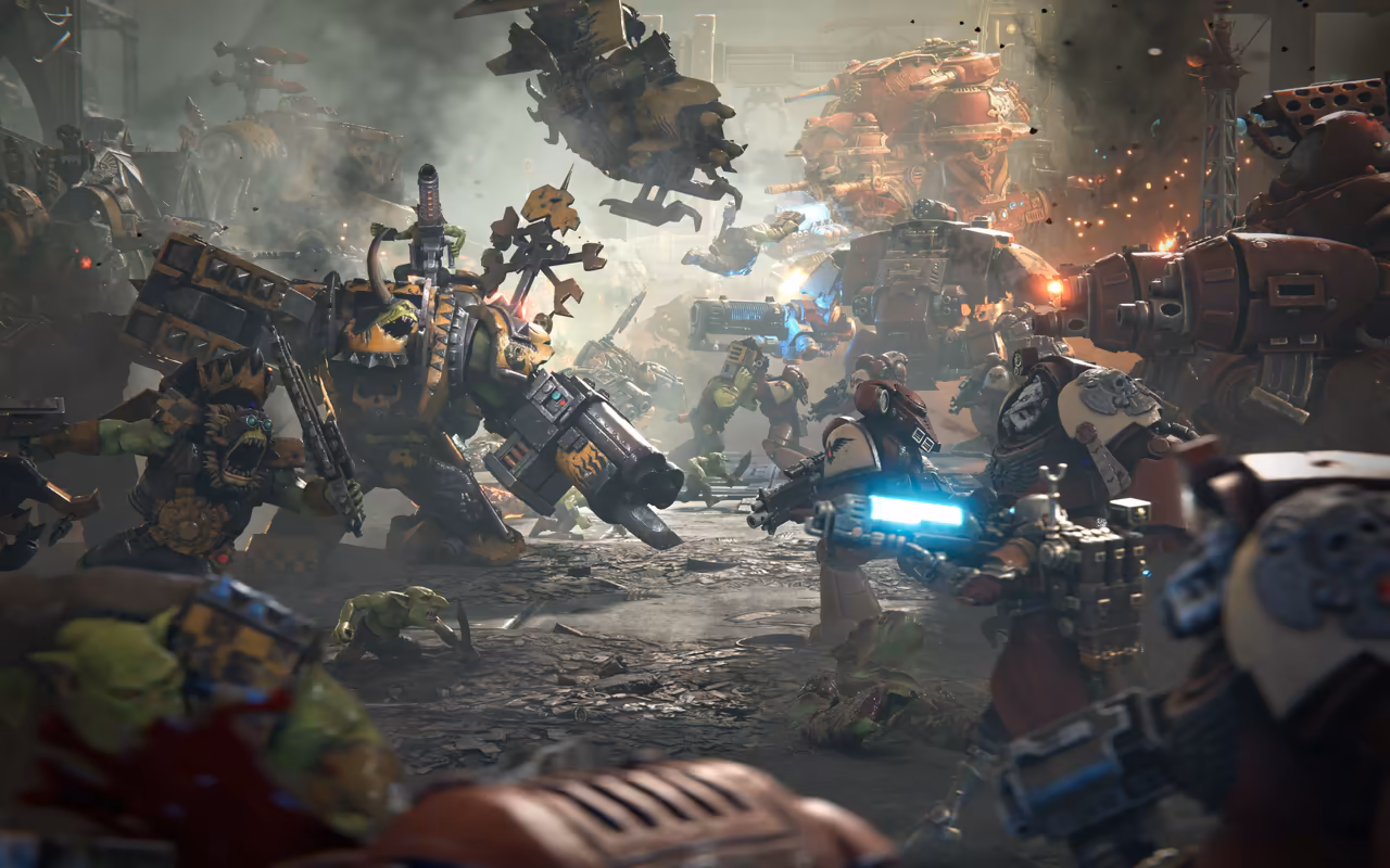 A crowded gray battlefield of armored soldiers and ork machines, with sparks and burning wreckage.