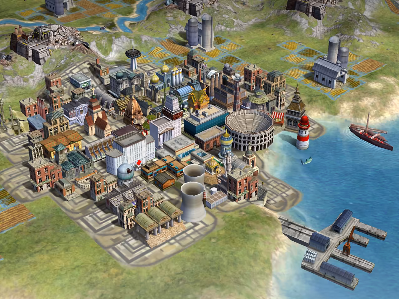 3D close view of a city packed with buildings of different eras: brick blocks, domes, an amphitheater, two cooling towers, a white hospital with a red cross, a lighthouse and a long pier with cranes in the water.