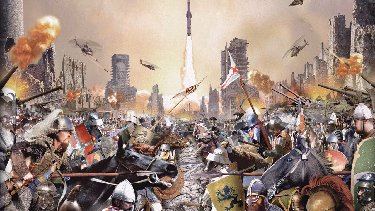 Painted battle scene. Mounted knights with shields and lances fill the foreground among foot soldiers with spears and banners; behind them buildings burn, aircraft fly through smoke and a rocket rises at the center.
