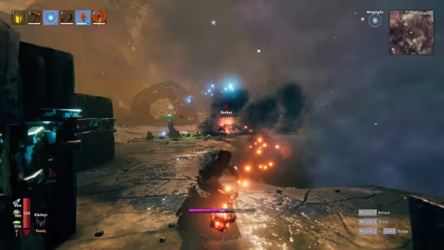 Over-the-shoulder view of a hooded Viking sending glowing orange sparks from a staff toward a Seeker on misty, rocky ground; a purple bar labeled 126 sits below the character and a red bar labeled 100 at the bottom left.