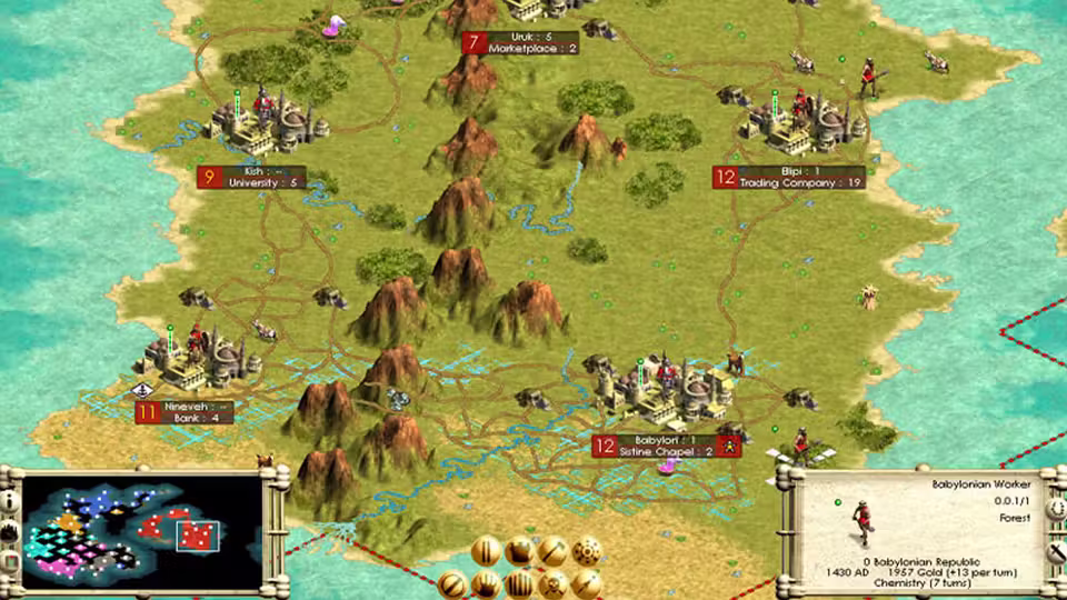 Isometric map of a green coast with hills and rivers and five red-labeled cities: Babylon, Sistine Chapel 2; Isin, Trading Company 19; Kish, University 5; Nineveh, Bank 4; Uruk, Marketplace 2. A panel reads Babylonian Worker, Babylonian Republic, 1430 AD.