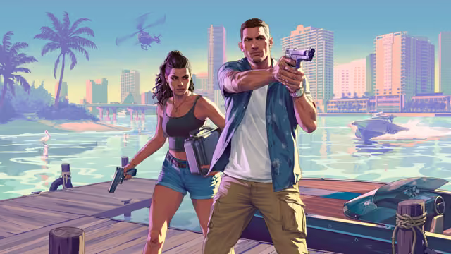 Illustration in soft blues and pinks: a man in an open blue shirt aims a pistol with both hands on a wooden dock while a woman in a black tank top and denim shorts follows carrying a pistol and a metal case, with a police speedboat, a helicopter, palm trees and a waterfront skyline behind them.