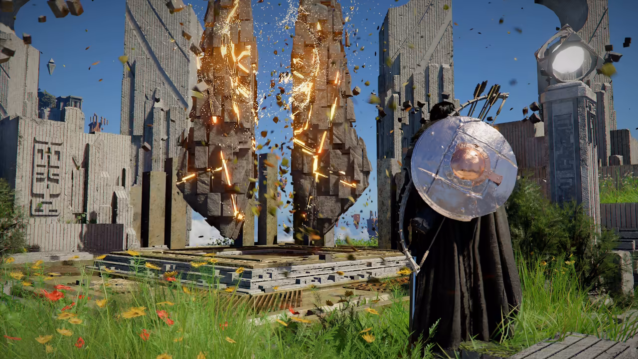 Two tall, blocky stone shapes hover above a square stone platform, cracking open with bright orange light and showering sparks and fragments. Around them stand pale walls and towers carved with geometric patterns and a lit lamp on a pillar at right. In the right foreground a figure in a dark cloak with a round metal shield and a quiver stands in grass and red and yellow flowers.