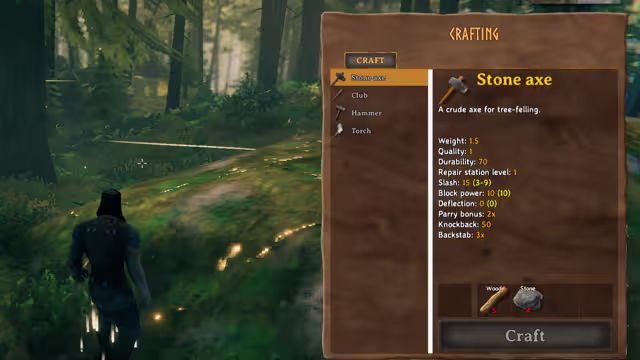A Viking stands in a forest beside an open crafting panel; the Stone Axe is selected and its stats read Weight 1.5, Quality 1, Durability 70 and Slash 15, with Wood and Stone listed as materials.
