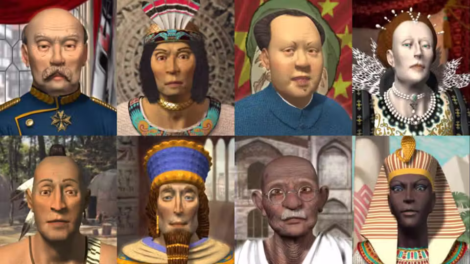 A grid of eight rendered portraits: a mustached man in a blue uniform, a man in a feathered headdress, a man before a red flag with stars, a queen in a white ruff with pearls, a man with a scalp lock and feathers, a bearded king in a tall blue and gold hat, an old bald man with round glasses, and a woman in a striped headdress with a cobra crown.