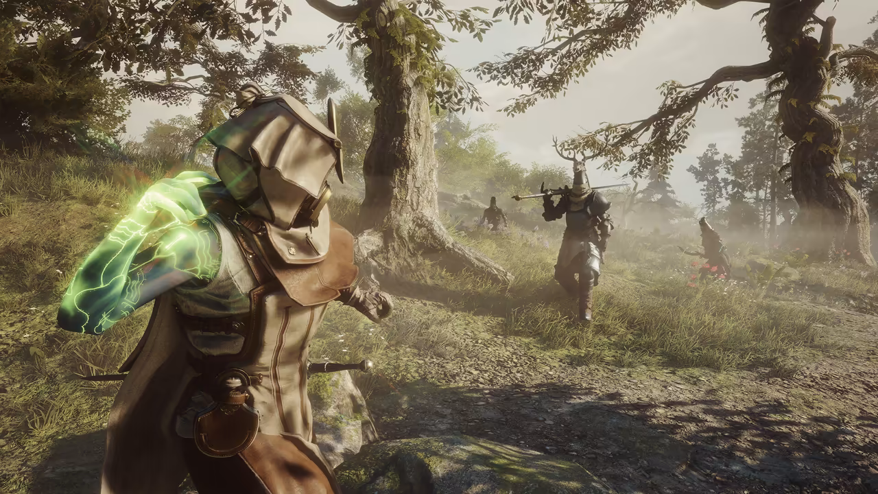 Sunlit forest clearing among large oak trees. In the left foreground a figure in a deep leather hood and a long tan coat raises a left arm covered in bright green glowing veins. Ahead on the path an armored knight wearing a helmet crowned with antlers walks toward them carrying a long weapon across his shoulders; two more figures stand in the grass behind, one at left and a tall hooded one at right among red flowers. No game interface is shown.