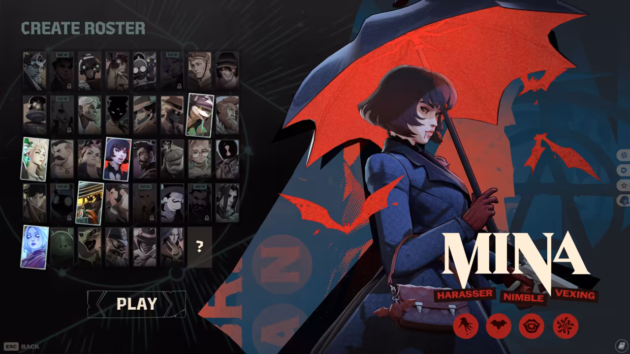A game menu: at the left a grid of small character portraits headed Create Roster above a Play button; at the right a painted woman with a bob haircut and blue coat holding a red umbrella, the name Mina in large cream letters and three red labels under it.