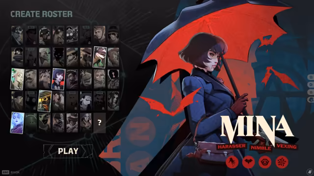 A game menu: at the left a grid of small character portraits headed Create Roster above a Play button; at the right a painted woman with a bob haircut and blue coat holding a red umbrella, the name Mina in large cream letters and three red labels under it.