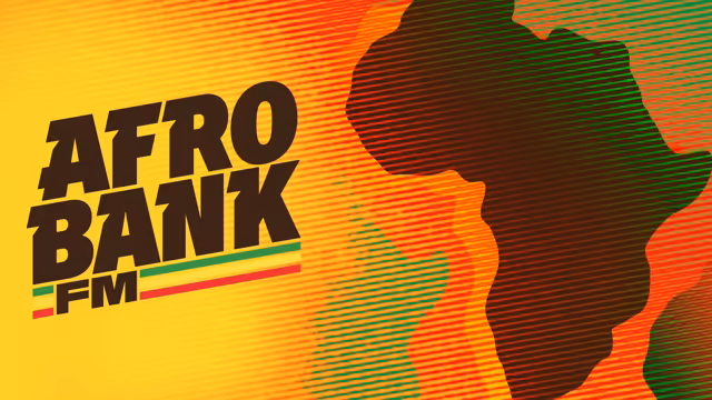 Bold dark brown letters reading Afro Bank, with FM and green, yellow and red stripes beneath, on a yellow and orange background of fine wavy lines, with a large silhouette of the African continent at right made of dark brown, red and green stripes.