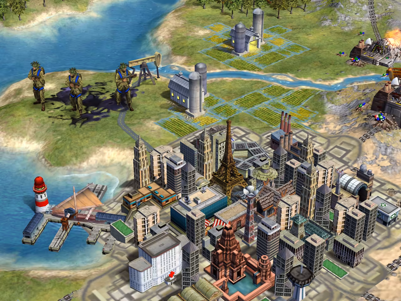 3D close view of a dense city of glass towers and older buildings with an iron lattice tower at its center, a red and white lighthouse on the pier, three soldiers near a pumpjack on the grass above and a fire on the right.