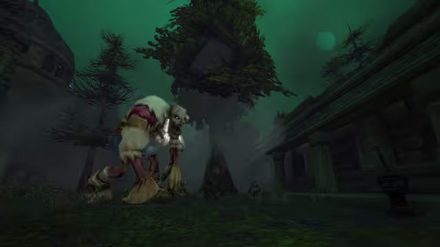 Beneath a green sky with a pale moon, a huge hunched creature with pale, torn flesh and a bony, fanged face walks across grass between tall pines and the stone walls of ruined buildings. Smaller skeletal figures stand in the mist behind it.