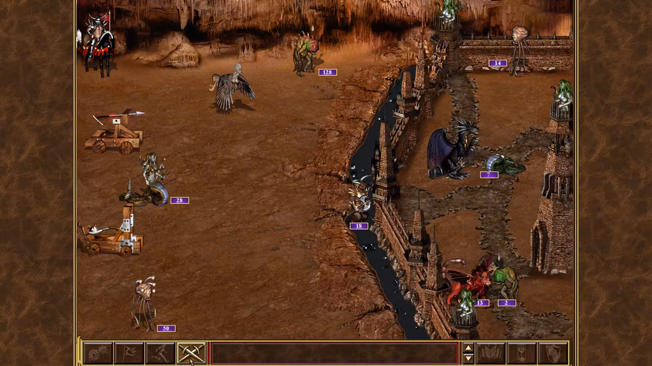 A battlefield of brown earth seen from above at an angle. At left a mounted hero, a ballista, a catapult and creatures with numbered tags. At right a dark moat and a stone wall with towers, defended by a black dragon, archers and other creatures. A command bar runs along the bottom.