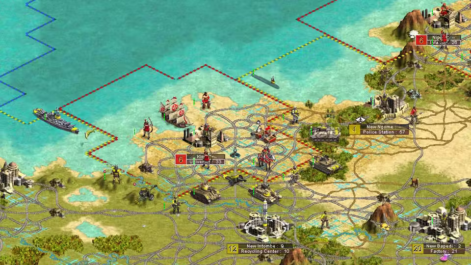 Isometric map crowded with railroads, tanks, artillery and soldiers along red and yellow dotted borders; city labels read New Ngome, Police Station 57; New Intombe, Recycling Center 10; New Bapedi, Factory 21. A battleship and a submarine sail at left.
