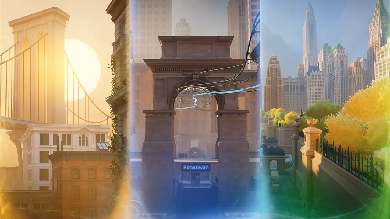 Wide painted city scene in three parts: a stone bridge tower against the sun on the left, a great triumphal arch with a Broadway sign and a glowing blue line through it in the middle, and a sunny park with autumn trees and towers on the right.