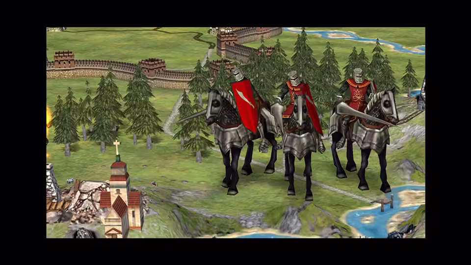 3D close-up of three armored knights on black horses with red surcoats and shields, a small church with a cross at left, pine trees, and a crenellated wall winding across the green land behind.