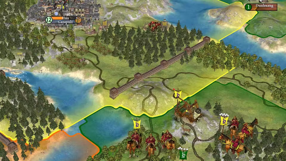 3D map of forest, lakes and grassland. A gray crenellated wall runs diagonally beside a yellow border line; mounted soldiers and a wooden siege engine stand in a green border area at lower right, and labels read Hao, Catapult, and Dunhuang.