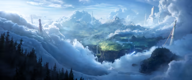A vast island of green fields, rivers and snowy peaks floats above a sea of clouds, with waterfalls pouring from its rocky underside. Slender white towers rise out of the clouds around it, long chains stretch from them toward the island, and a dark pine forest fills the foreground on the left.
