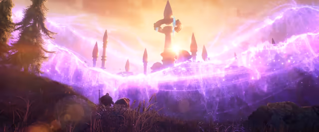 Two dark silhouettes, a figure with a long weapon and a bear, stand in tall grass on a hillside at the lower left. Before them a wall of glowing, sparkling violet magic rises over a city of pointed spires and domes, with a tall central tower ringed by floating crystals against a bright golden sunset.