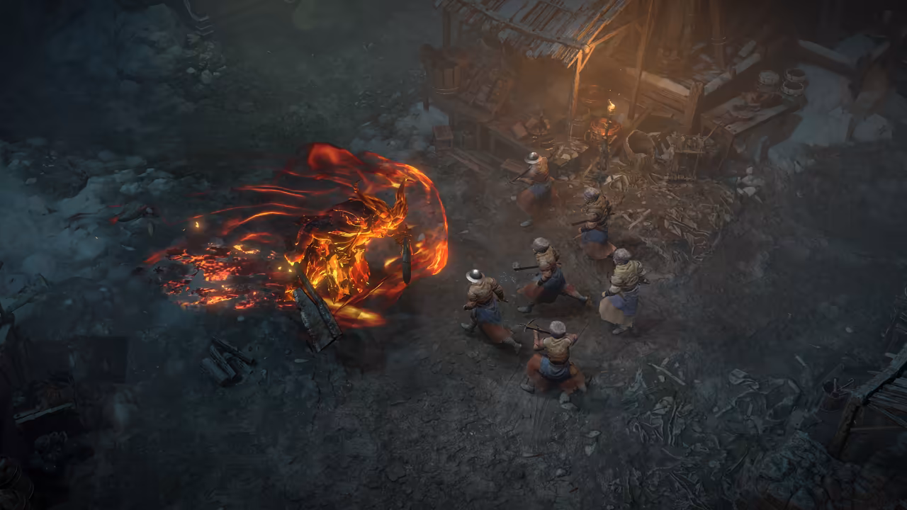 Night scene beside a lean-to of planks. A large figure engulfed in orange flame and trailing red smoke lunges at a group of five villagers in round caps holding clubs.