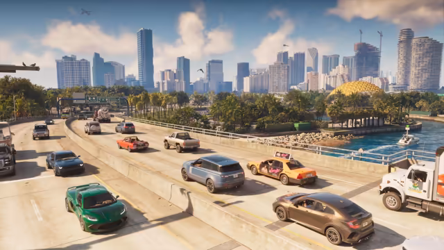 Cars, pickups, a convertible, a cement mixer, a taxi with a rooftop advertisement and a delivery truck crowd a curving elevated highway in bright sun. Beyond the railing, palm trees line a rocky shore where a speedboat cuts through blue water, and a golden geodesic dome sits below a skyline of glass towers and cranes, with a jet and a helicopter in the sky.