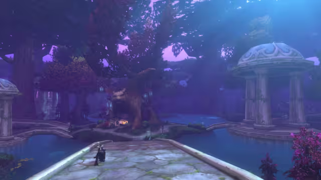 A pale stone bridge leads toward a small island where a huge tree trunk, shaped at its base into a horned beast's face, holds a building with a glowing doorway and hanging lanterns. Domed white pavilions on columns stand on either side above still blue water, a rider crosses the bridge, and giant trees with purple and red leaves fill the dim violet scene.